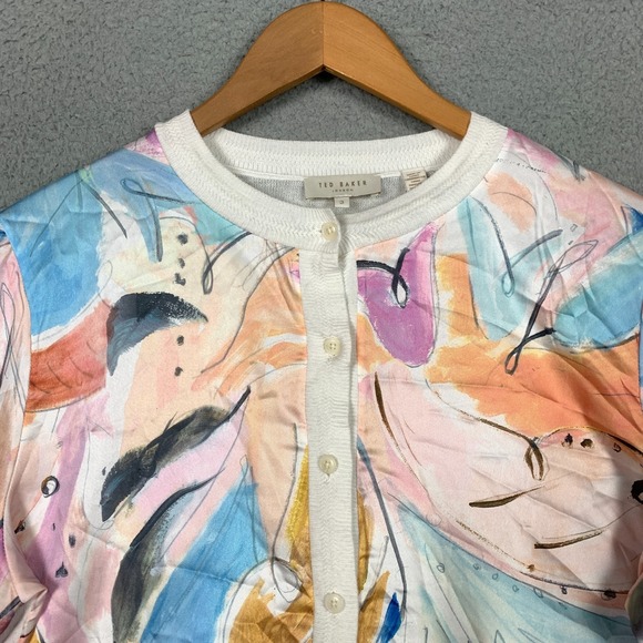 Ted Baker Ryvir Cardigan Women's 3 Ivory Multi Woven Detail Printed Button Front - Picture 3 of 11